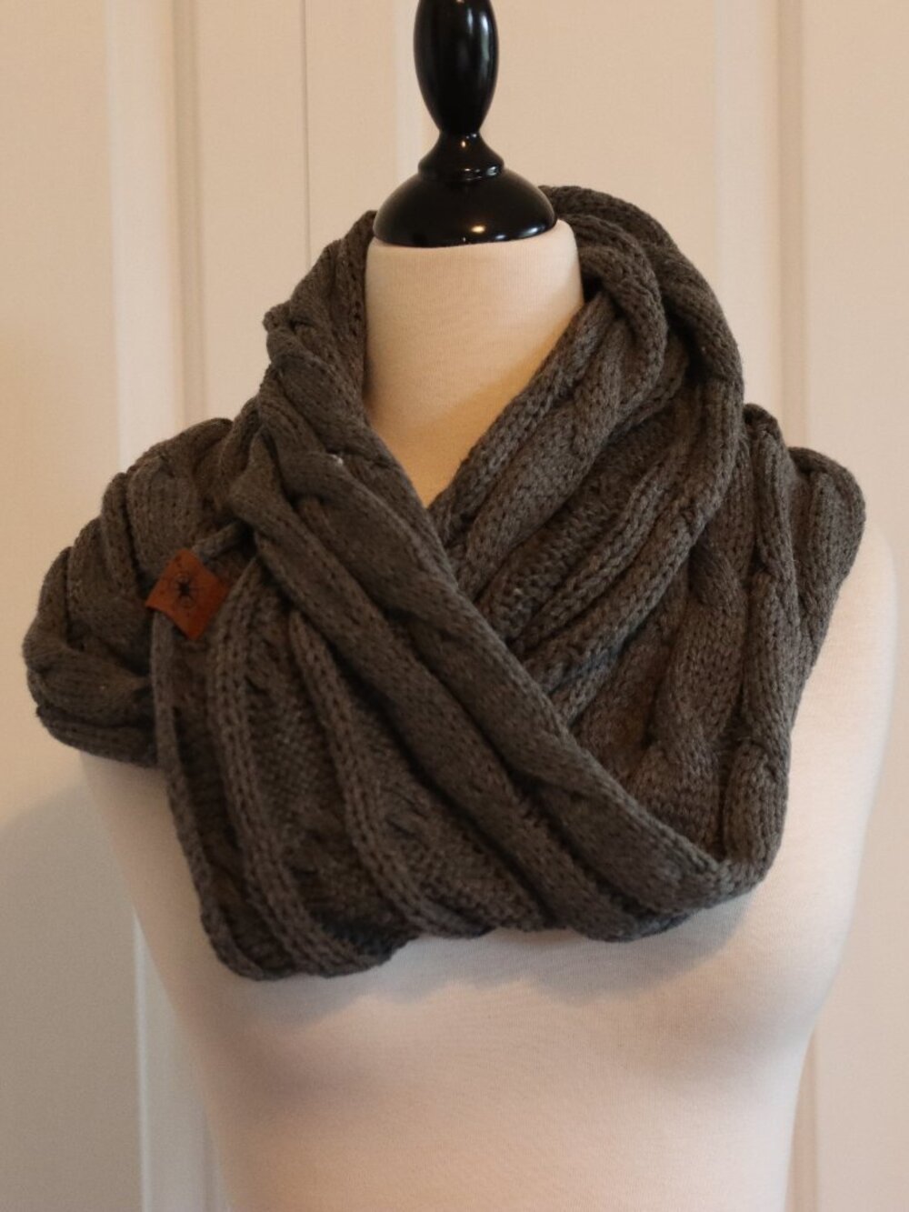 C. C Grey Cable Knit Infinity Scarf